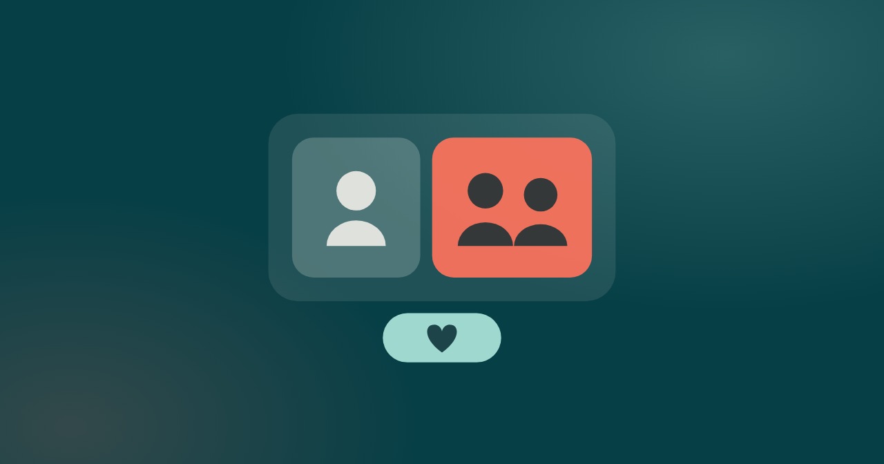 A video call with one person on one side and two parents on the other, and a speech bubble with a heart