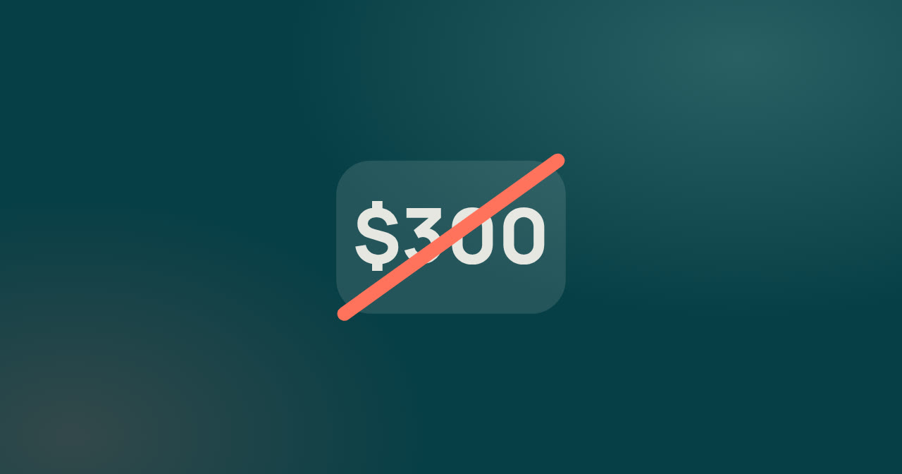 A price of $300 struck through with a thick coral line